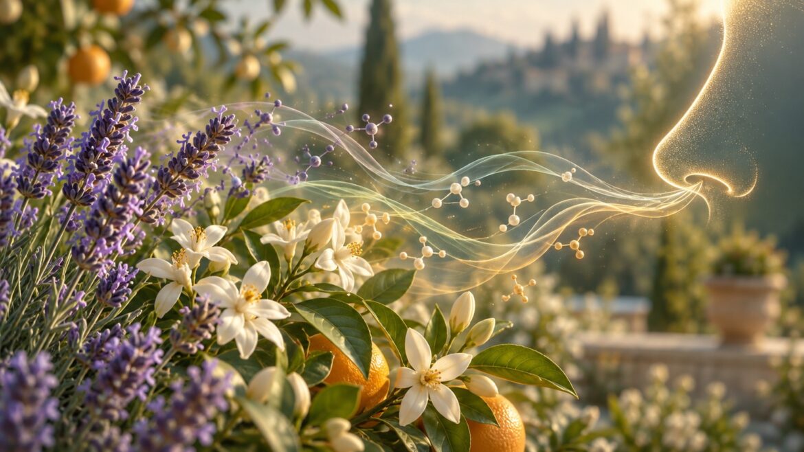 Brins de lavande et fleurs d’oranger dont les molécules odorantes dessinent un souffle lumineux jusqu’à un profil de nez doré