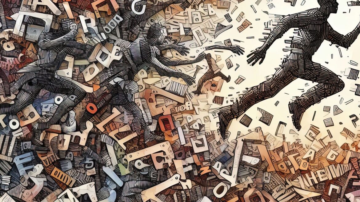Illustration en lettres typographiques entremêlées : une silhouette s’élance hors d’un amas de mots